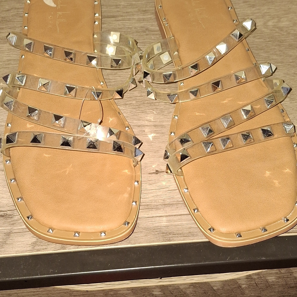 Nicole Miller Tan and Silver Studded Sandals
